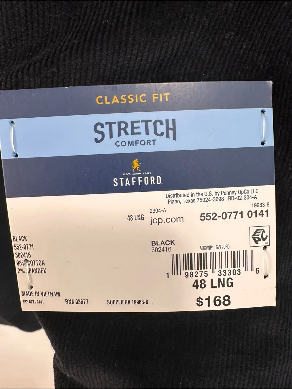 Stafford Black Corduroy Jacket Elbow Patches Sports Coat Stretch Men’s 48L $168